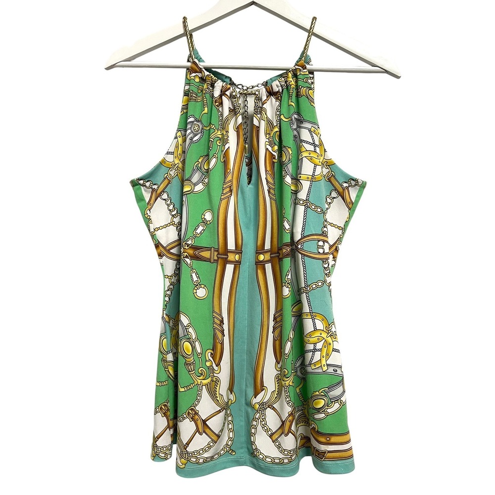 Cache Halter Top Women Medium Green Equestrian Scarf Print Gold Chain Sleeveless